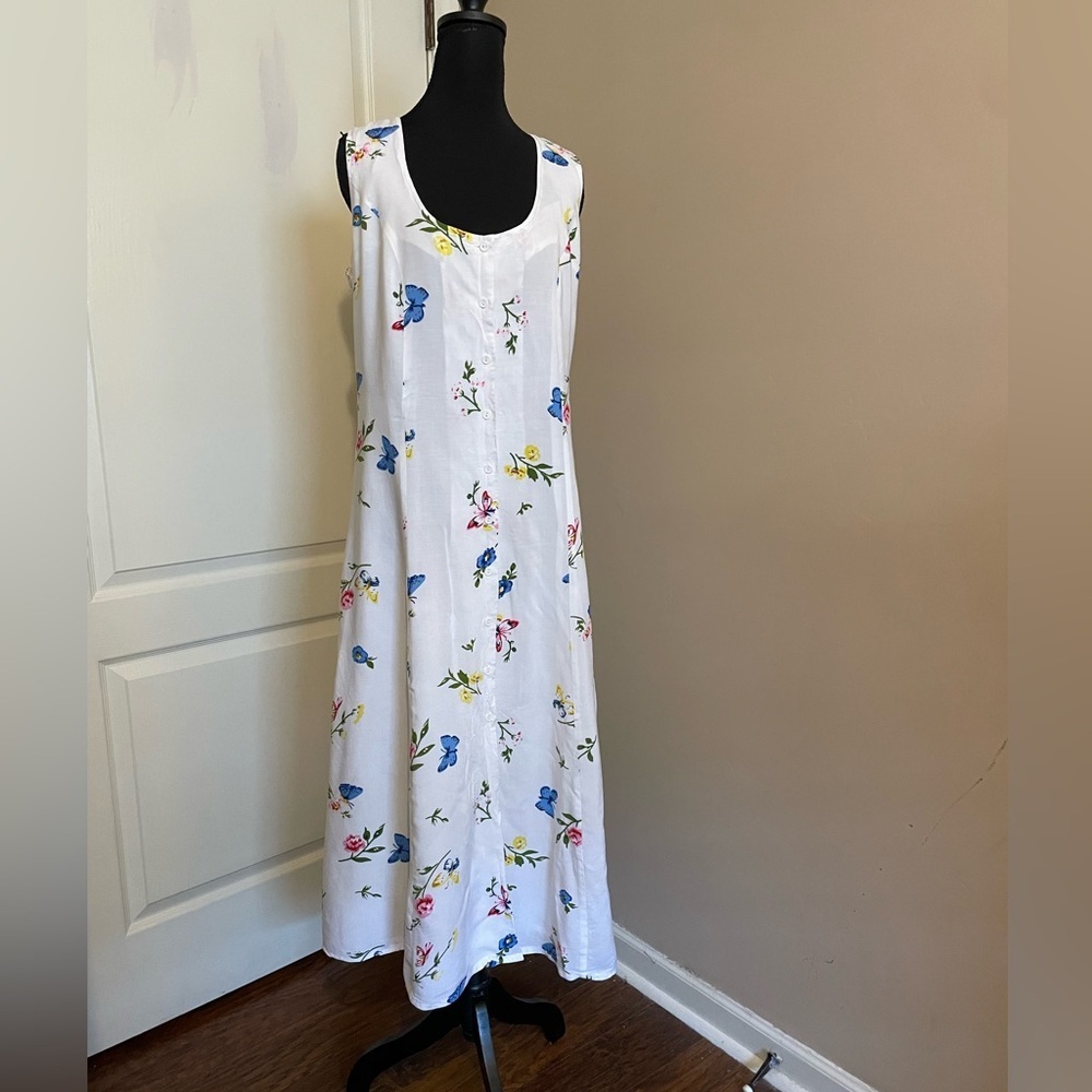 Venus Floral Butterfly Maxi Dress White Button Front Sleeveless Tie Back Size 10